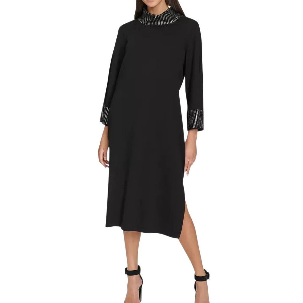 Calvin Klein‎ Women Black Mock Neck Embellished Sheath Dress Long Sleeve S